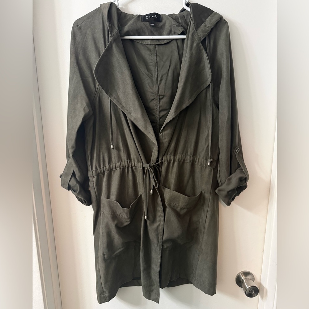 Olive Green Hooded Jacket- Suede material